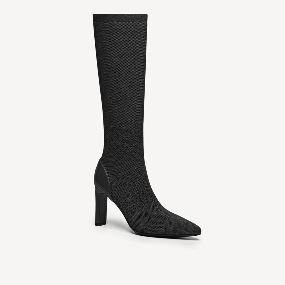 Textured Woven Pointed Toe Heeled High Boots